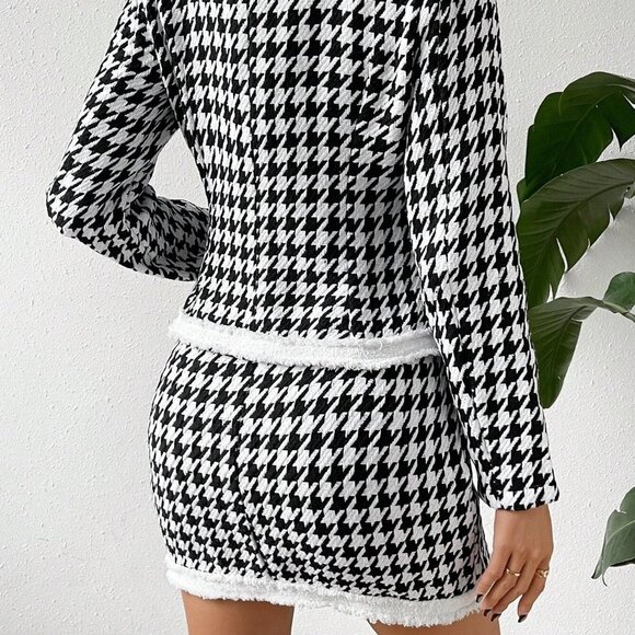 White & Black Preppy Womens Houndstooth Print Contrast Trim Tweed Jacket & Skirt - Picture 3 of 5